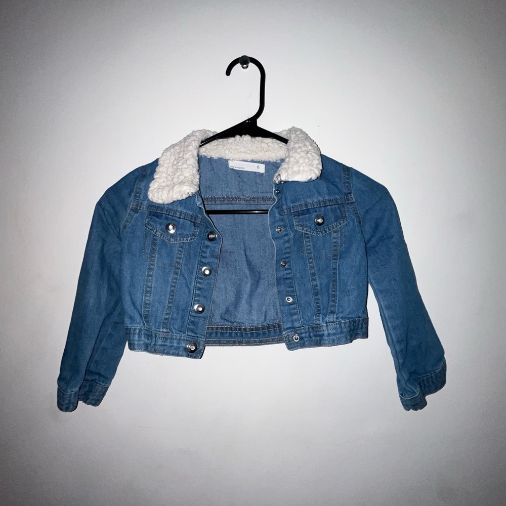 Kids Girls Blue Denim Jacket with White Sherpa Collar